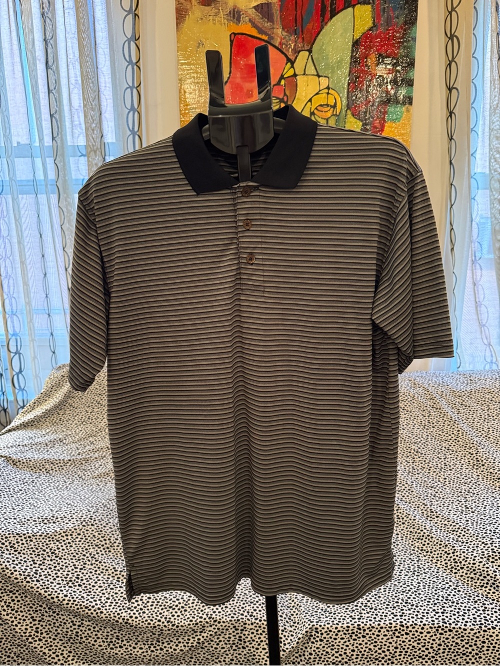 Men's Black and Gray Striped Polo Shirt